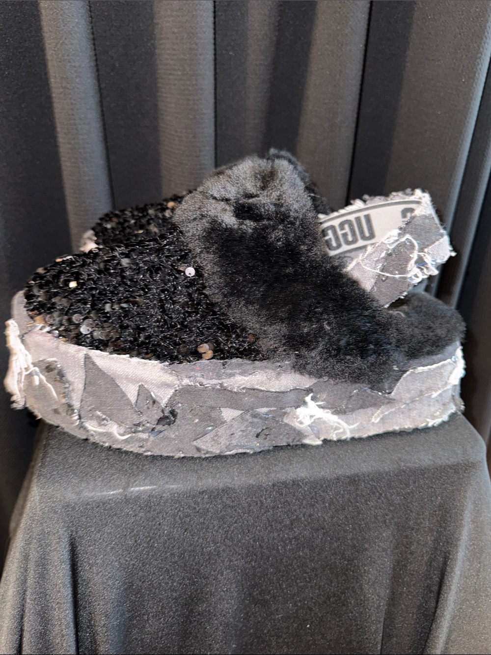 UGG Black Sequin Faux-Fur Slip-On Platform Sneakers - Picture 3 of 5